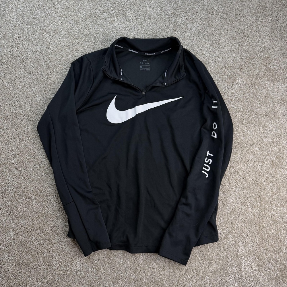Nike Dri-FIT Pullover Womens Small Black 1/4 Zip Long Sleeve Running Top Graphic